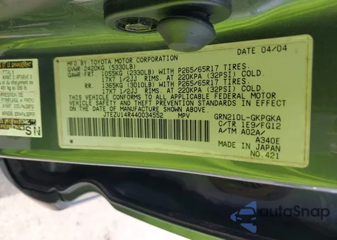 2004 Toyota 4Runner Sr5 V6 z USA, uszkodzony, nr VIN JTEZU14R440034552